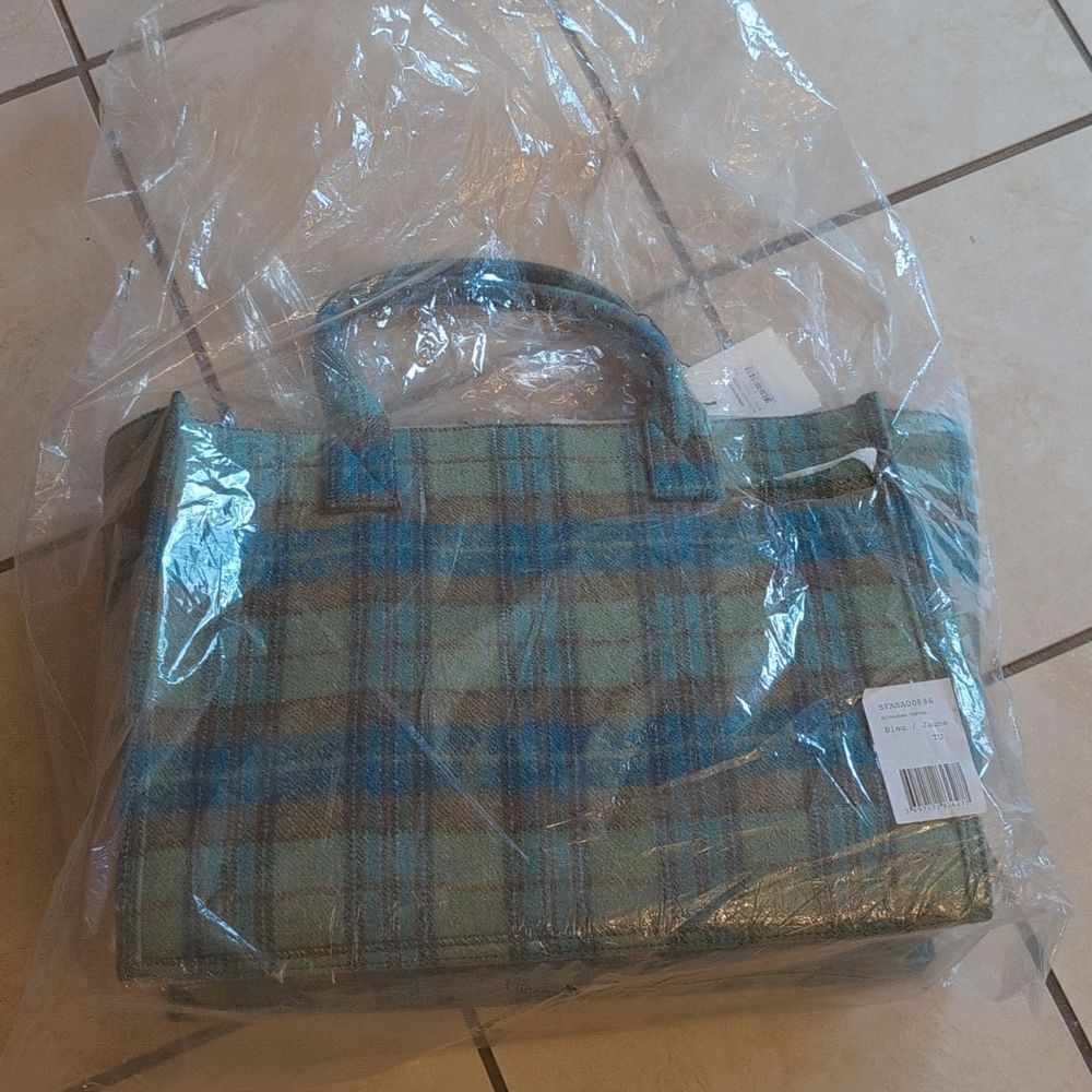 NWT Sandro Tartan Kasbah Wool Tote Blue And Green Large With Handles - Picture 13 of 16
